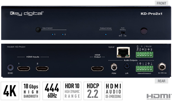 2X1 HDMI SWITCHER, AUDIO DE-EMBEDDING OF ANALOG L/R BALANCED/UNBALANCED & DIGITAL
